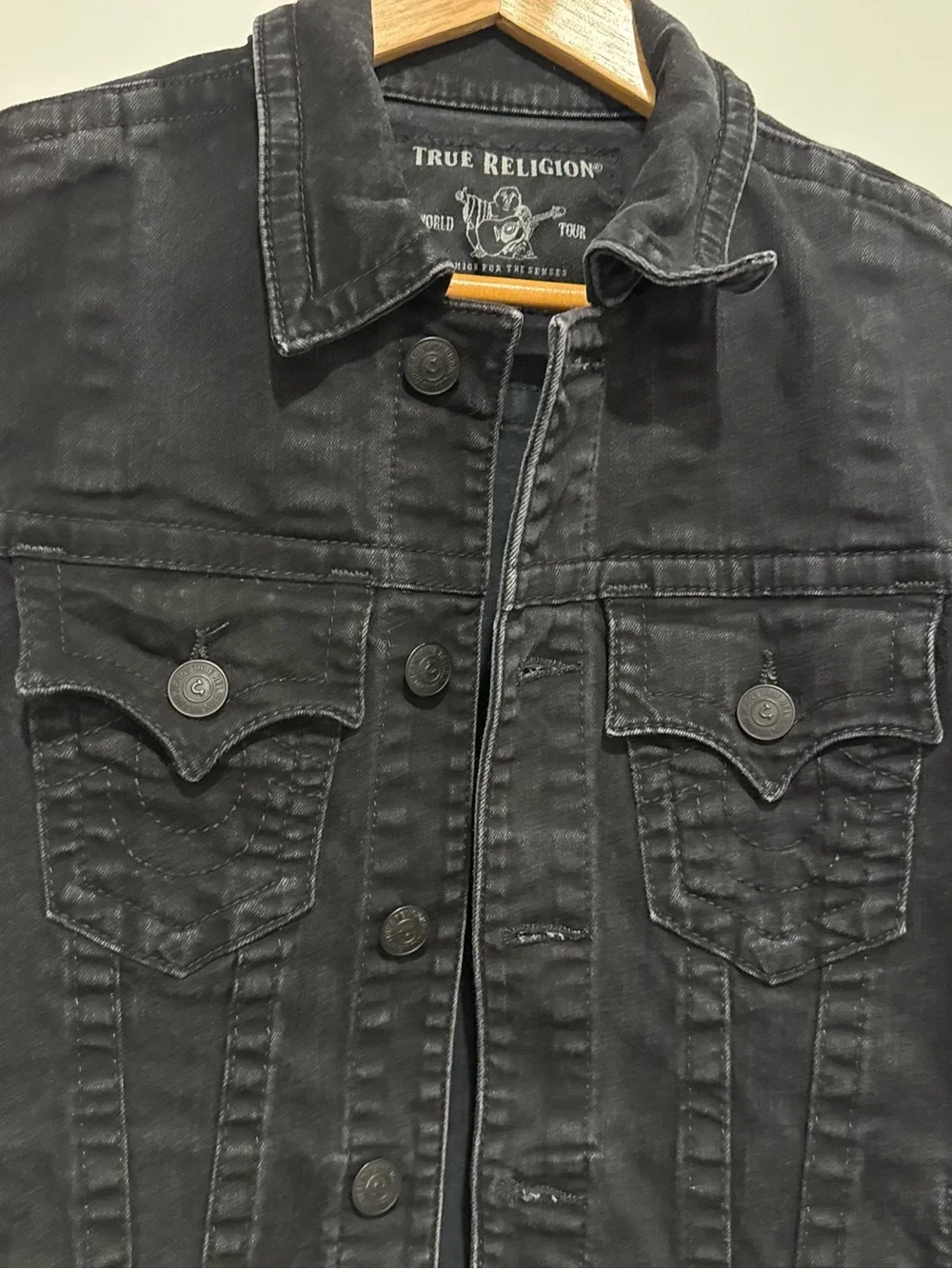 True Religion Men’s S Black Denim Trucker Jacket World Tour Y2K Sz S